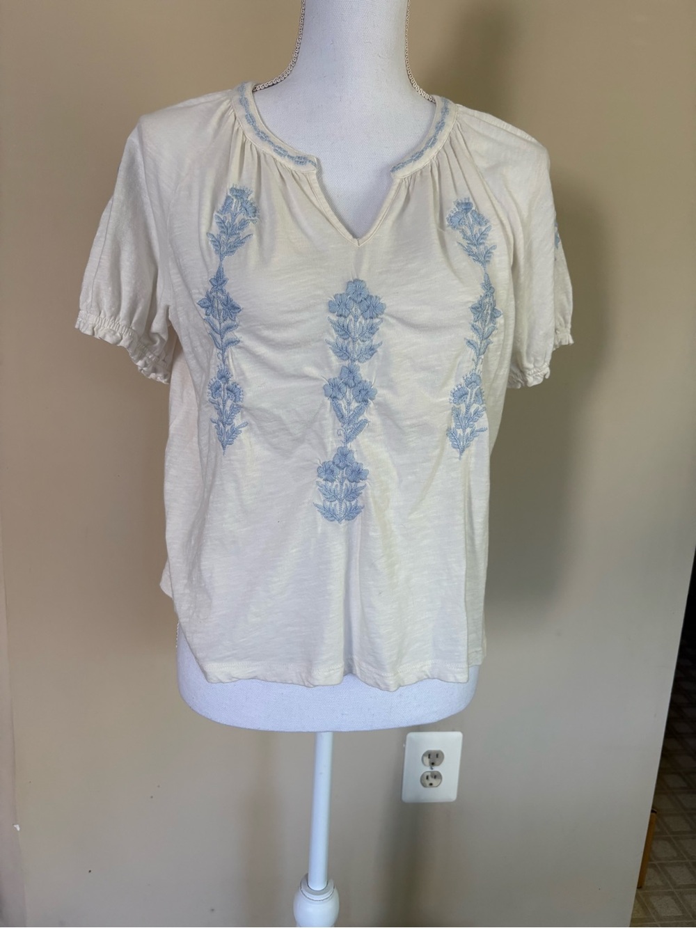 Women's Cream Embroidered Short-Sleeve Top with Blue Floral Accents